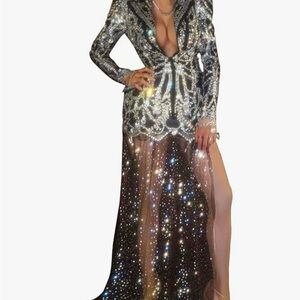 Fame Diamanté Townbrother Elegant Black and Silver Evening Gown